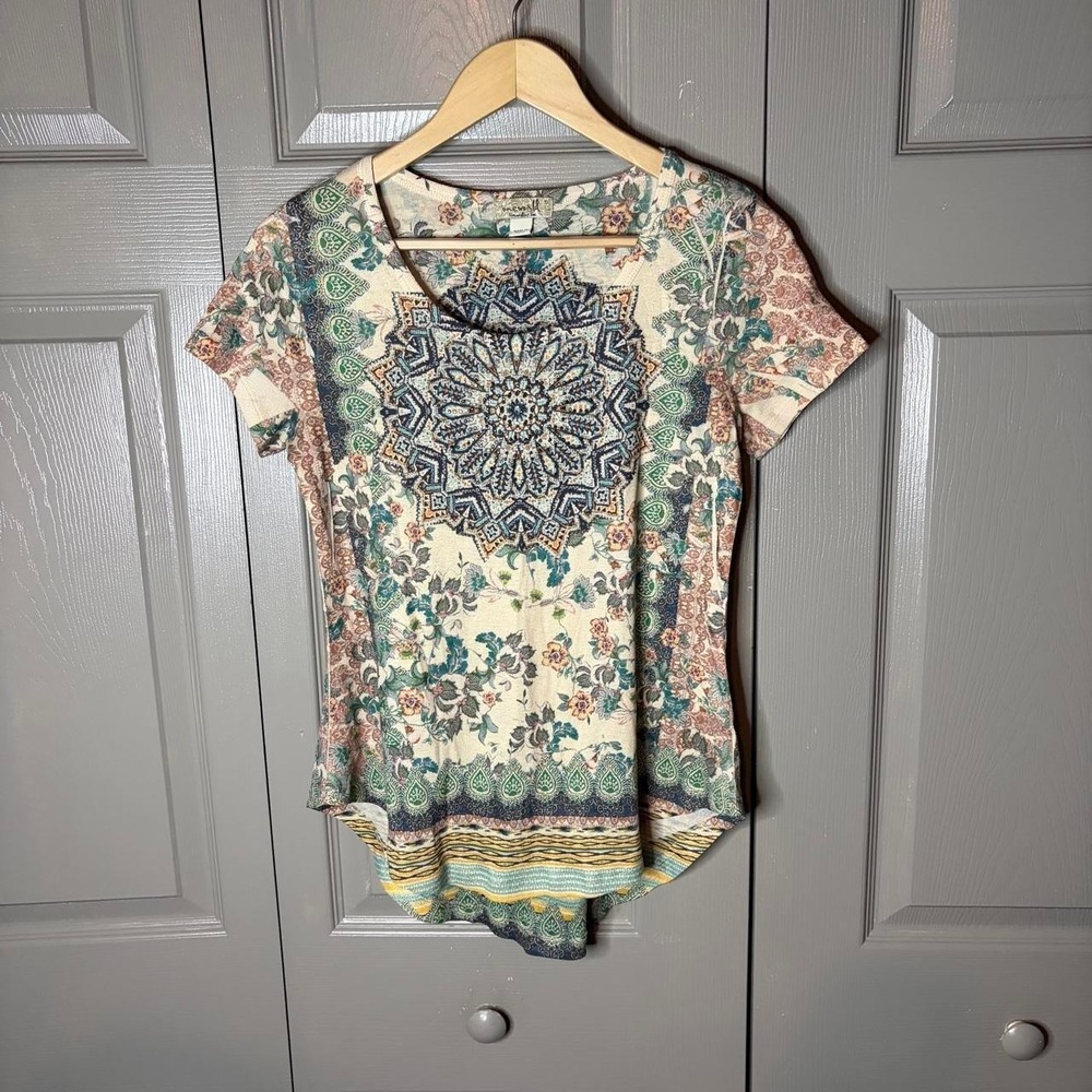 One World Womens Small Mandala Print Boho Short Sleeve Top Multi Color Y2K Scoop